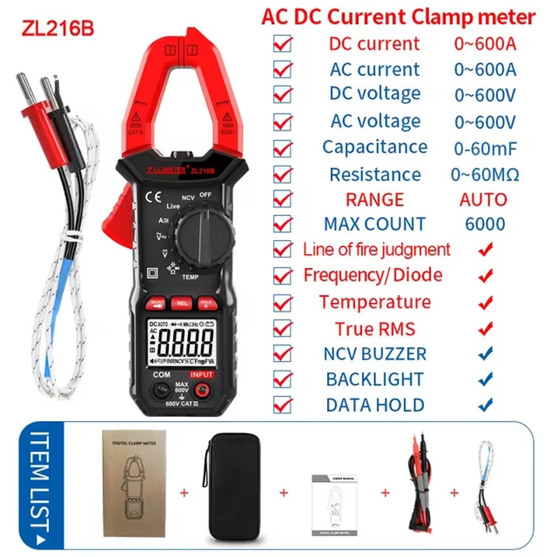 Digital Clamp Meter 600A AC DC Current High Precision Clamp Amperimetro True RMS Capacitancetemp Ohm Current Multimeter Tester