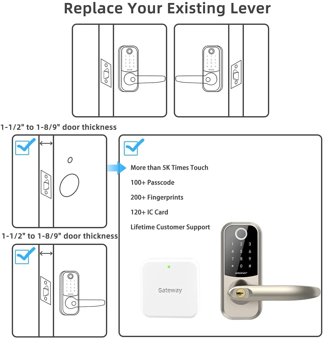 Smart Lock, Fingerprint Keyless Entry Locks with Touchscreen Keypad,Smart Lever Lock,Bluetooth Front Door Lock, Electronic Digital Deadbolt with Reversible Handle,Auto Lock,Free App,Ic Card