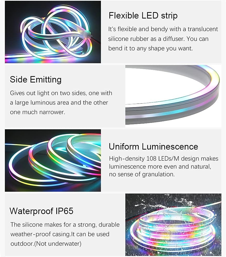 Addressable LED Strip Neon Light WS2811 Dream Color Rainbow Programmable Digital LED Pixels Lights 6.6Ft 216 Leds for DIY LED Neon Letters Bar Signs Art Wall 12V DC, No Power and Controller