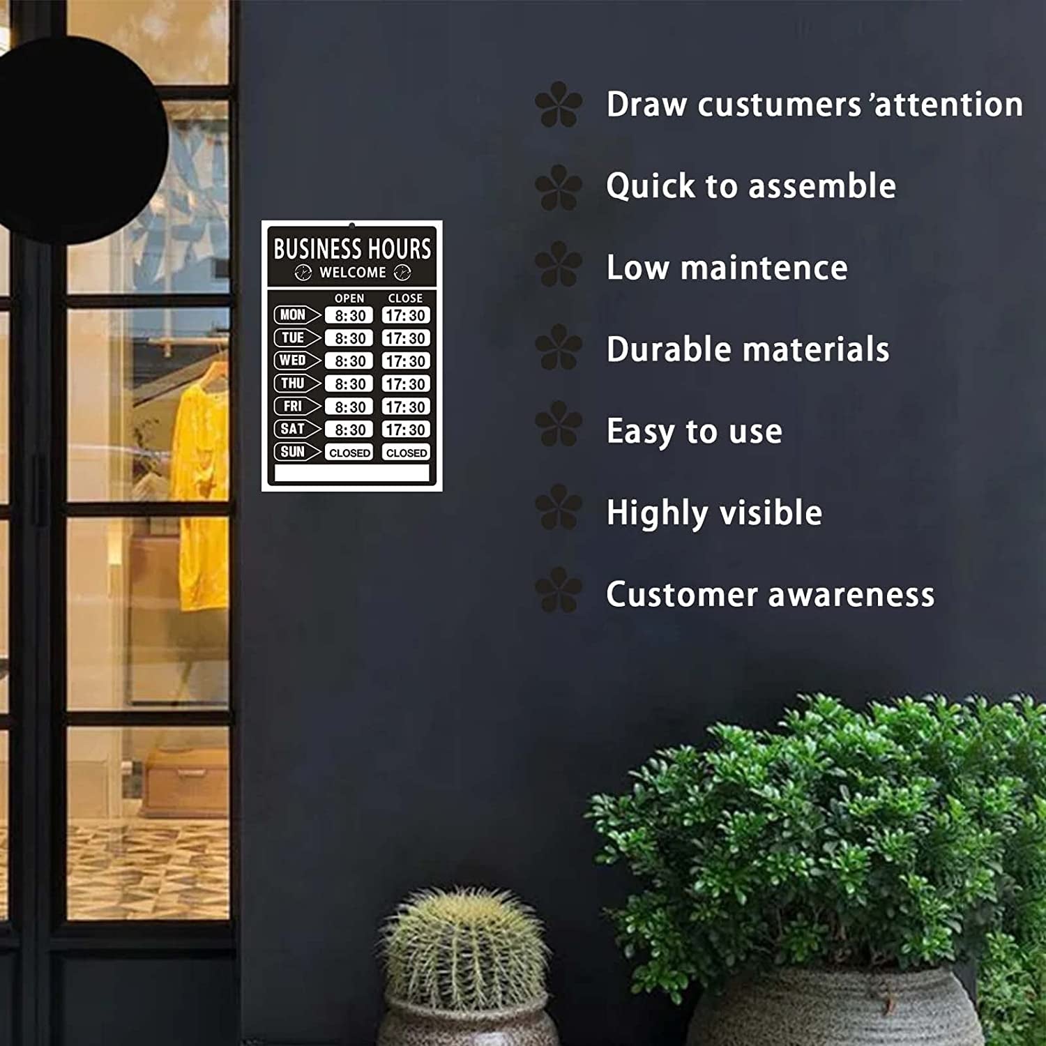 Business Hours Sign,Opening Hour Sign Kit,Changeable Store Hours Sign,Hours of Operation Signs for Business,Open Sign with Hours,Ideal Signs for Any Business,Store or Office（Pvc,8”X 12”）