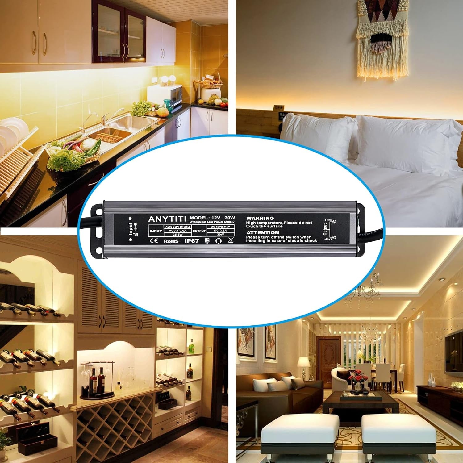 LED Driver,Led Power Supply IP67 Waterproof Output 30W DC12V 2.5A 3-Prong Plug 4.5Feet (12V 30W)