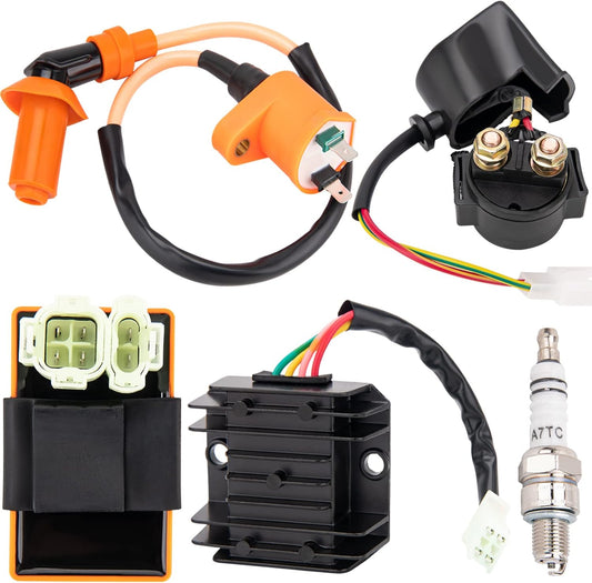 GY6 150Cc Ignition Coil Kit for 150Cc 125Cc 50Cc ATV Quad Go Kart Moped Scooter, High Performance GY6 Ignition Coil, 6 Pin AC CDI Box, Voltage Regulator, Rectifier Solenoid Relay&A7Tc Spark Plug