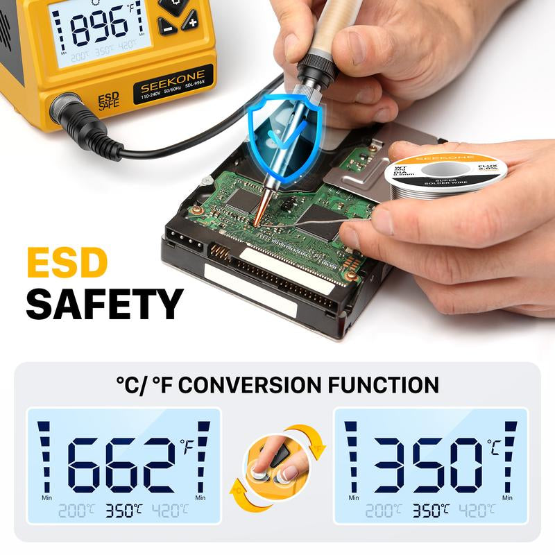 SEEKONE 60W Soldering Station 356°F to 896°F Soldering Iron Station with 5 Extra Iron Tips, ESD Safe, 3 Preset Channels, °C/ºf Conversion, Auto Sleep, Calibration Support & Power-On Memory