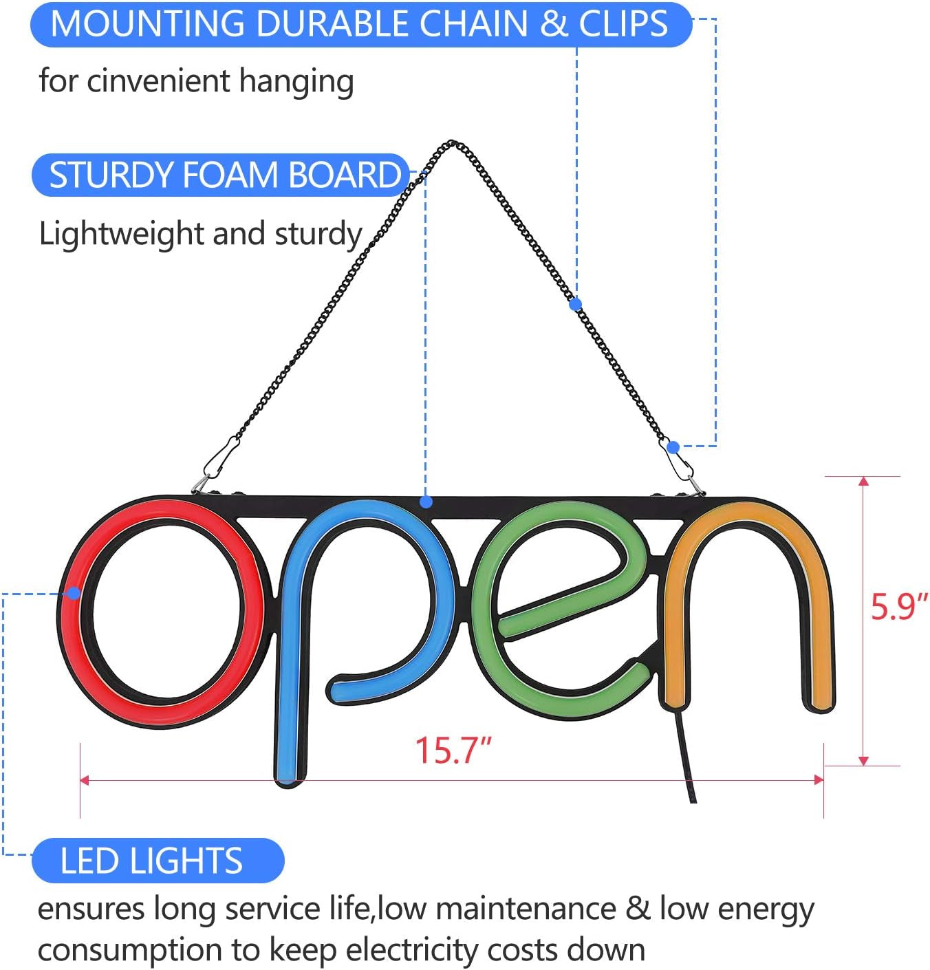 LED Open Sign,16X6 Inch Open Signs for Business Window,With Multiple Flashing Modes, Ideal for Restaurant, Bar, Salon and More,24V/1A Power Supply，With Open/Close Sign (Red Blue Green Orange)
