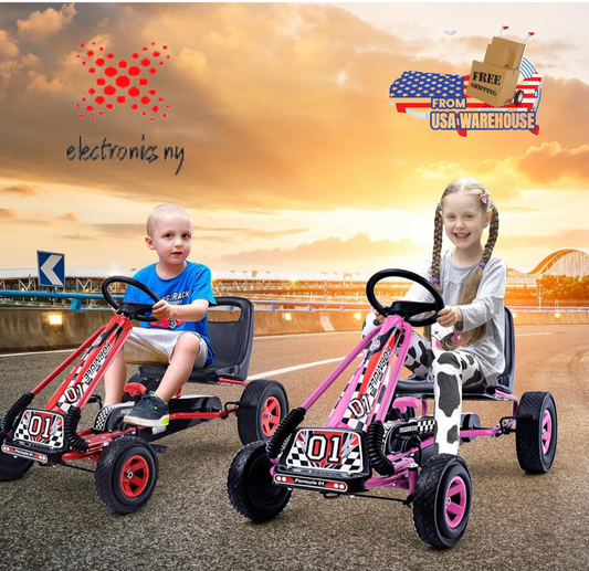 Go Kart for Kids, 4 Wheel Quad Off-Road Pedal on Foot Go Cart W/Steering Wheels & Adjustable Seat, 2 Safety Brakes, EVA Tires, Clutch, Outdoor Racer Ride on Pedal Car (Red)