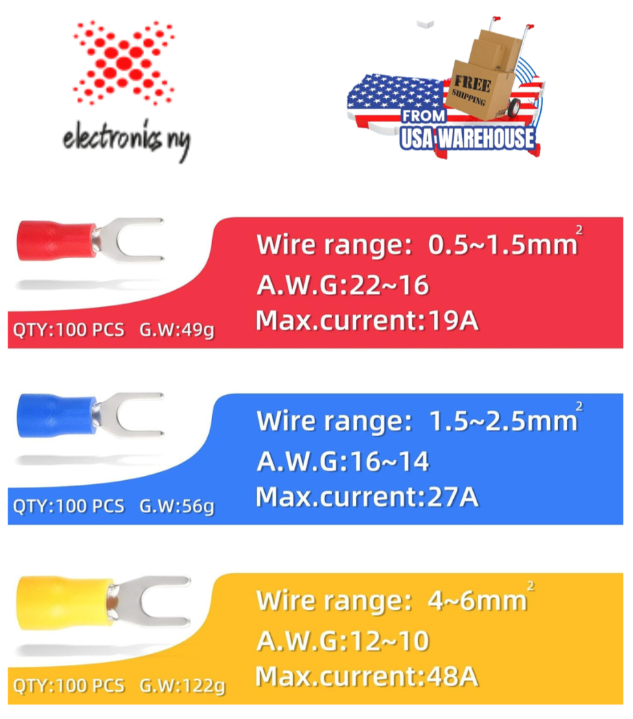 300 Pcs 22-16 16-14 12-10 AWG Insulated Fork Spade U-Type Wire Connector Electrical Crimp Terminal