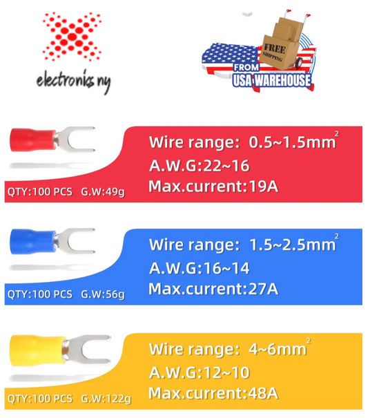 300 Pcs 22-16 16-14 12-10 AWG Insulated Fork Spade U-Type Wire Connector Electrical Crimp Terminal