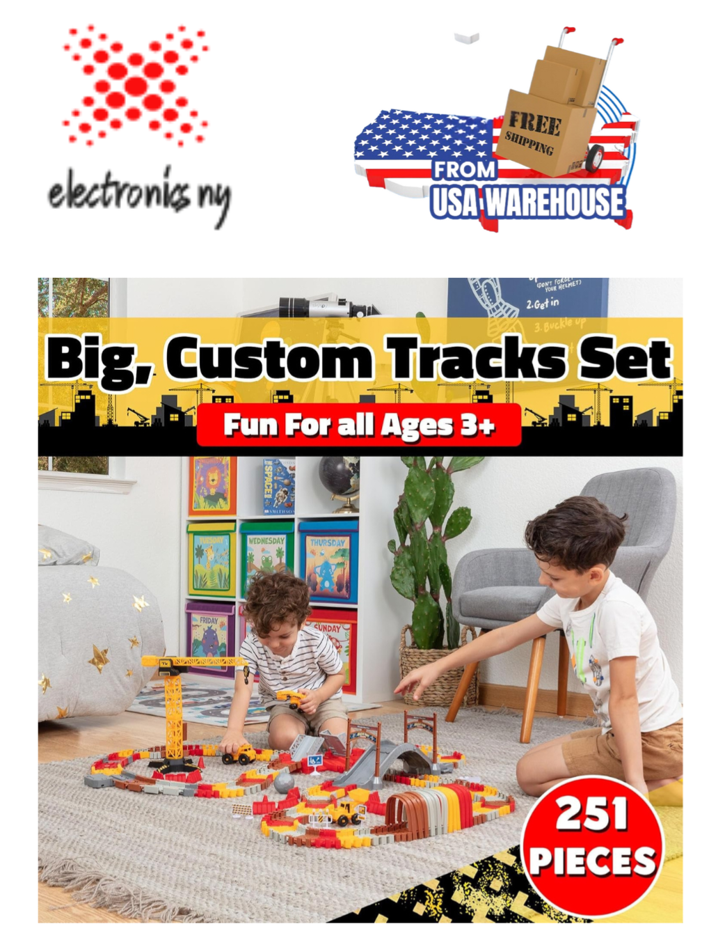 Snap Trax Construction Set Race Tracks and LED Toy Cars - 251 Pk STEM Building Toys Car Race Tracks Set with Bendable Race Car Track for Boys Girls, 3 Trucks, and 2 Light up Toy Cars for Kids