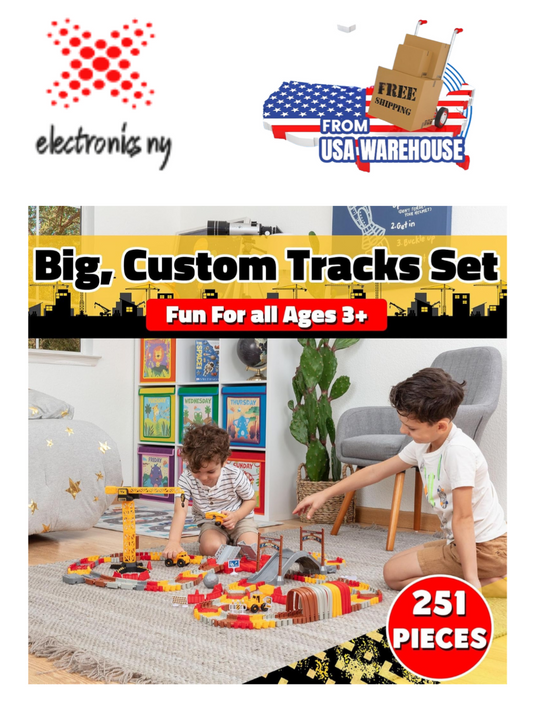 Snap Trax Construction Set Race Tracks and LED Toy Cars - 251 Pk STEM Building Toys Car Race Tracks Set with Bendable Race Car Track for Boys Girls, 3 Trucks, and 2 Light up Toy Cars for Kids