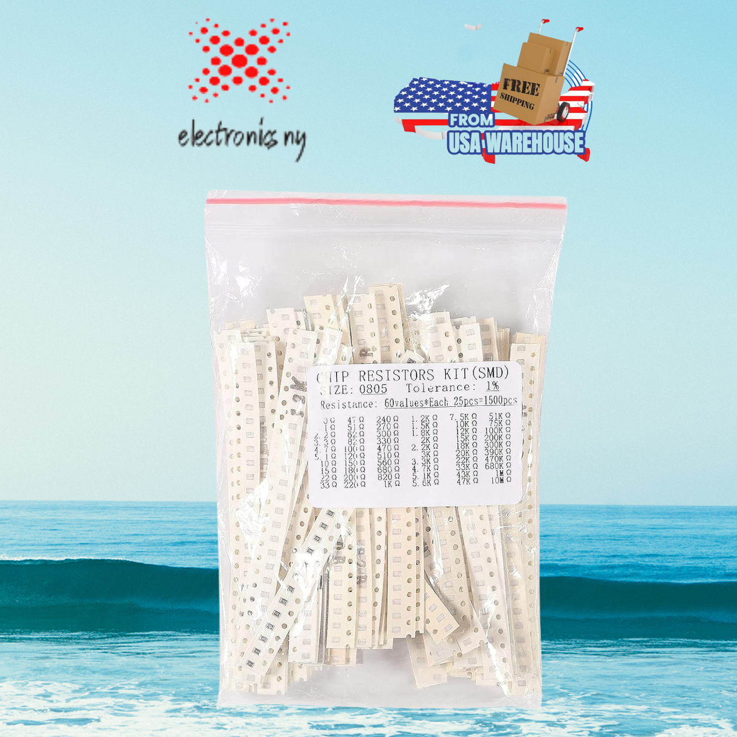 1500Pcs 0805 SMD Capacitor 0805 Chip Resistor Assortment Kit 1% 1/8W 0.125W 60 Values 0 Ohm-10M Ohm Resistors