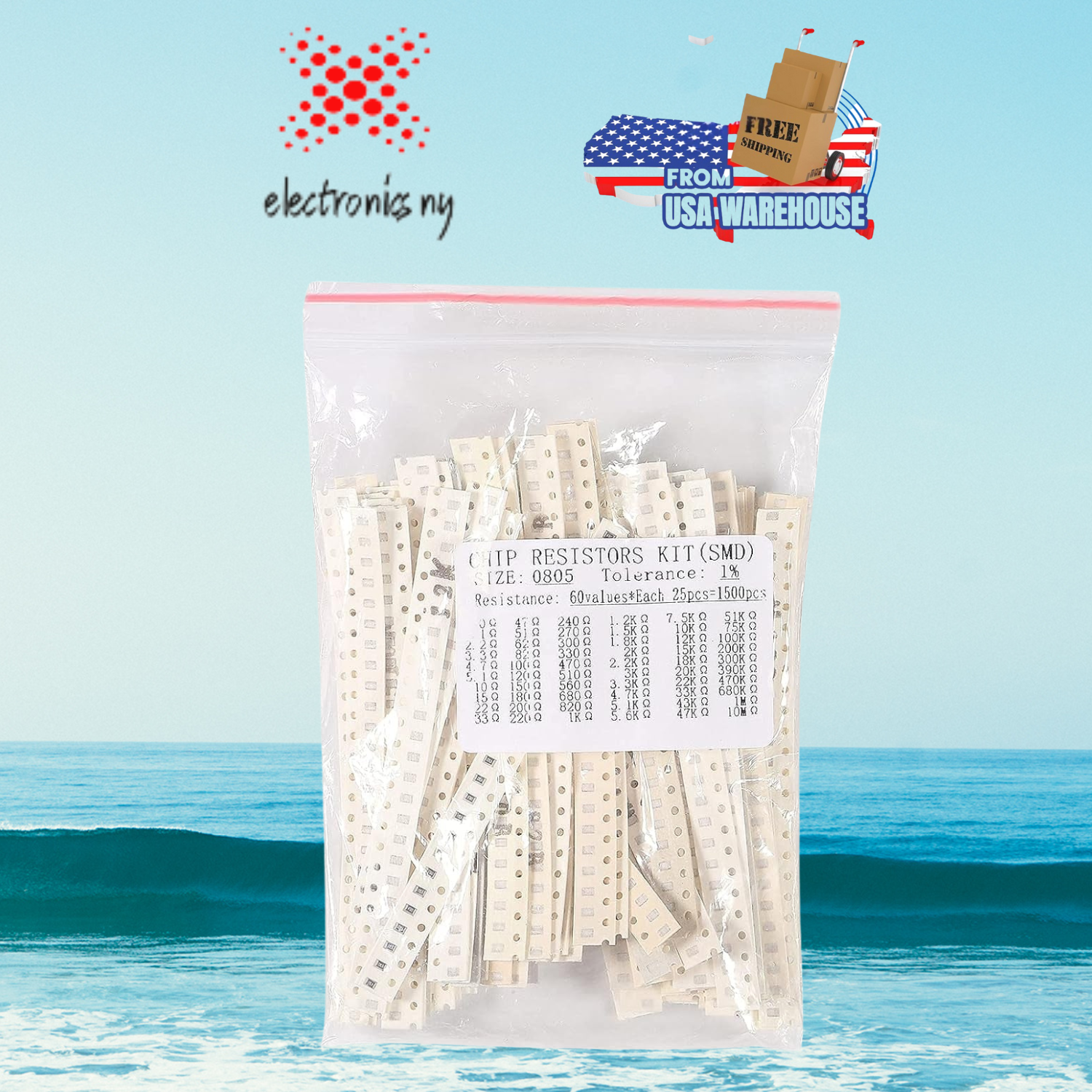 1500Pcs 0805 SMD Capacitor 0805 Chip Resistor Assortment Kit 1% 1/8W 0.125W 60 Values 0 Ohm-10M Ohm Resistors