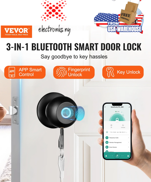 Smart Door Knob, Fingerprint Smart Lock Biometric Door Knob with App Control, Great for Bedrooms,Cloakroom,Apartments Offices,Hotels Matte Black
