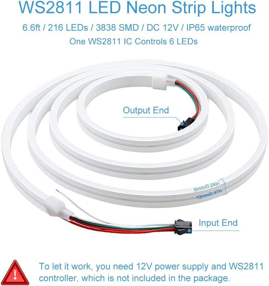 Addressable LED Strip Neon Light WS2811 Dream Color Rainbow Programmable Digital LED Pixels Lights 6.6Ft 216 Leds for DIY LED Neon Letters Bar Signs Art Wall 12V DC, No Power and Controller