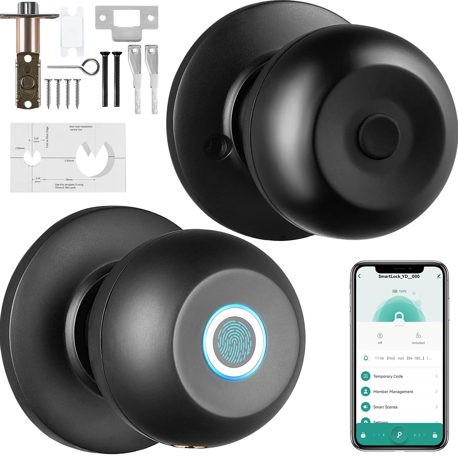 Smart Door Knob, Fingerprint Smart Lock Biometric Door Knob with App Control, Great for Bedrooms,Cloakroom,Apartments Offices,Hotels Matte Black