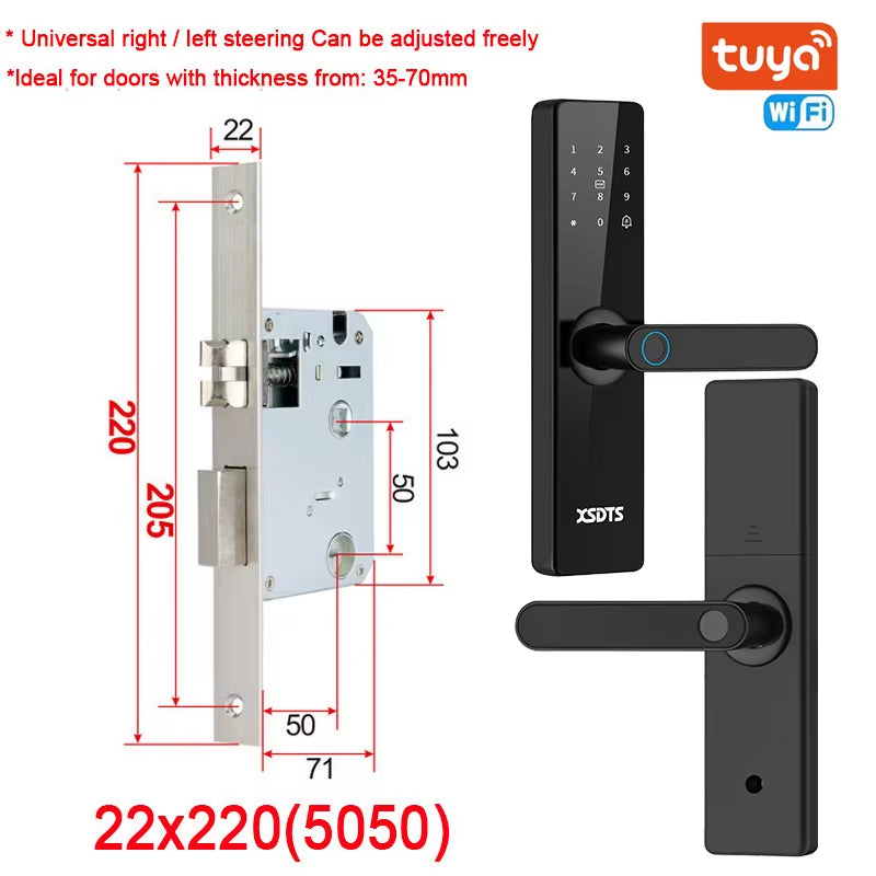 Tuya Wifi Electronic Smart Door Lock with Biometric Fingerprint / Smart Card / Password / Key Unlock/ USB Emergency Charge