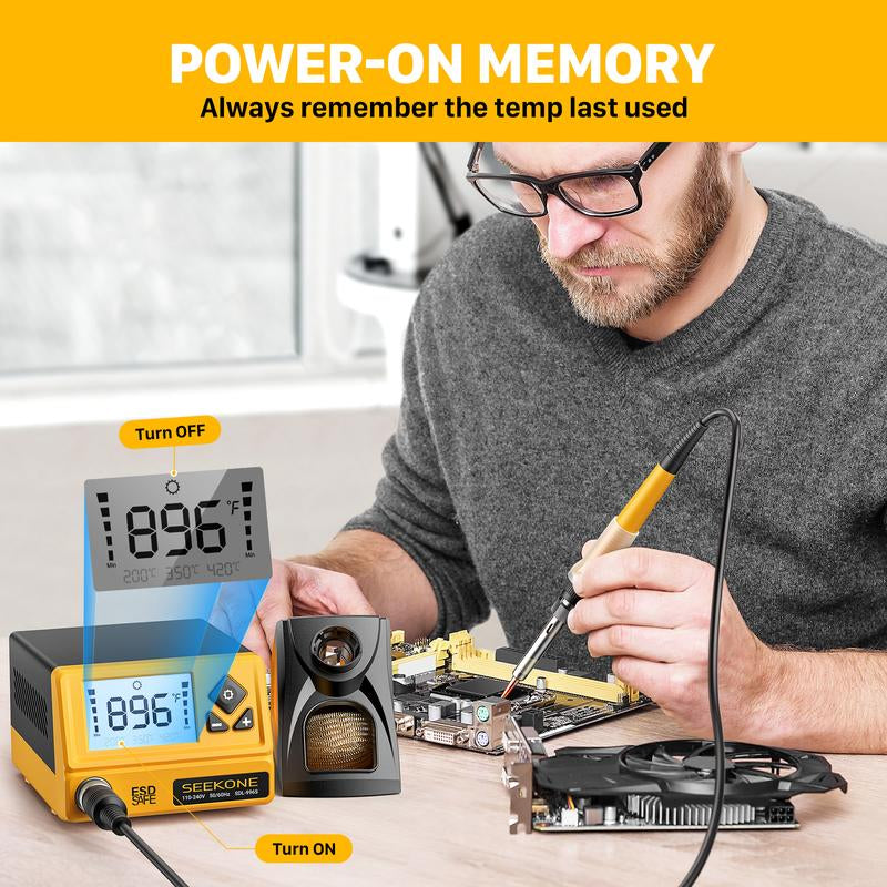SEEKONE 60W Soldering Station 356°F to 896°F Soldering Iron Station with 5 Extra Iron Tips, ESD Safe, 3 Preset Channels, °C/ºf Conversion, Auto Sleep, Calibration Support & Power-On Memory