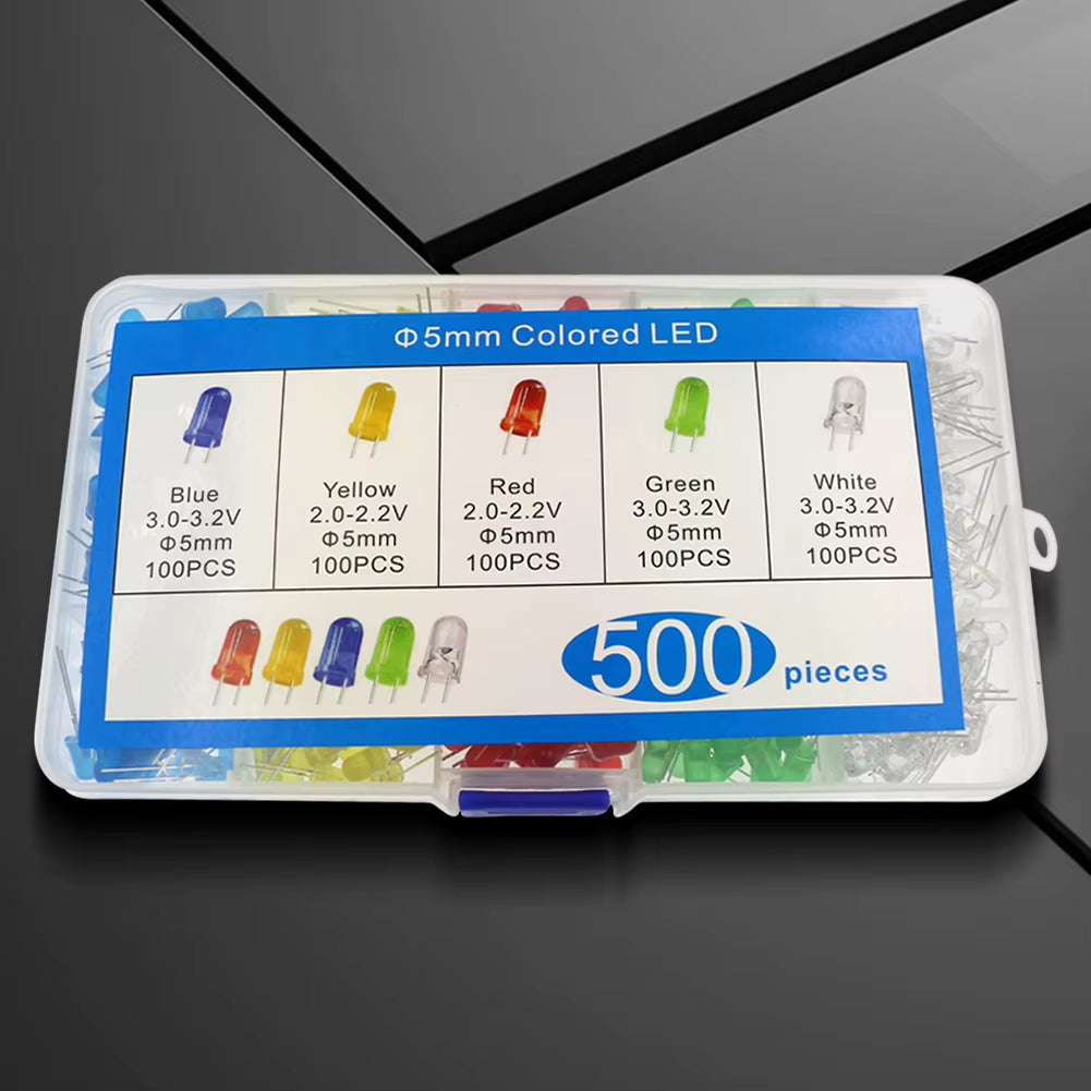 500Pcs LED Light-Emitting Diode Red Yellow Blue Green White 5MM Luminous Diode Kit 100Pcs/Color Luminous Diode Assorted Kit LED