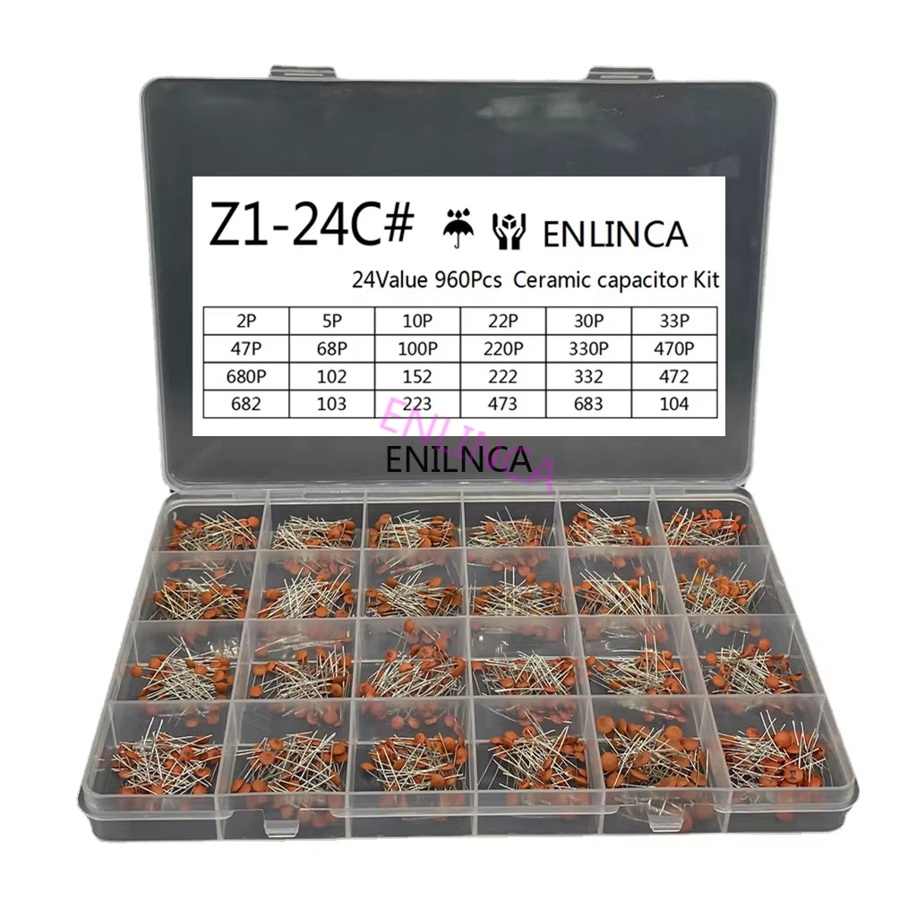 960Pcs/Lot Ceramic Capacitor Assortment Kit 2PF-0.1UF 50V Ceramic Capacitors Set 24Value*40Pcs Diy Electronic Capacitors 20%