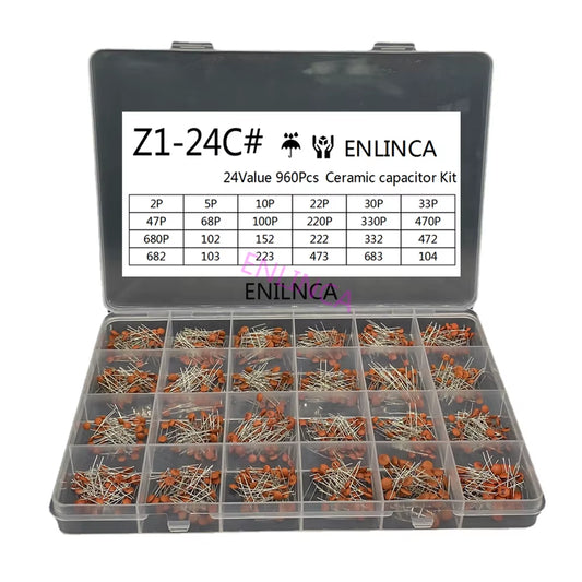 960Pcs/Lot Ceramic Capacitor Assortment Kit 2PF-0.1UF 50V Ceramic Capacitors Set 24Value*40Pcs Diy Electronic Capacitors 20%