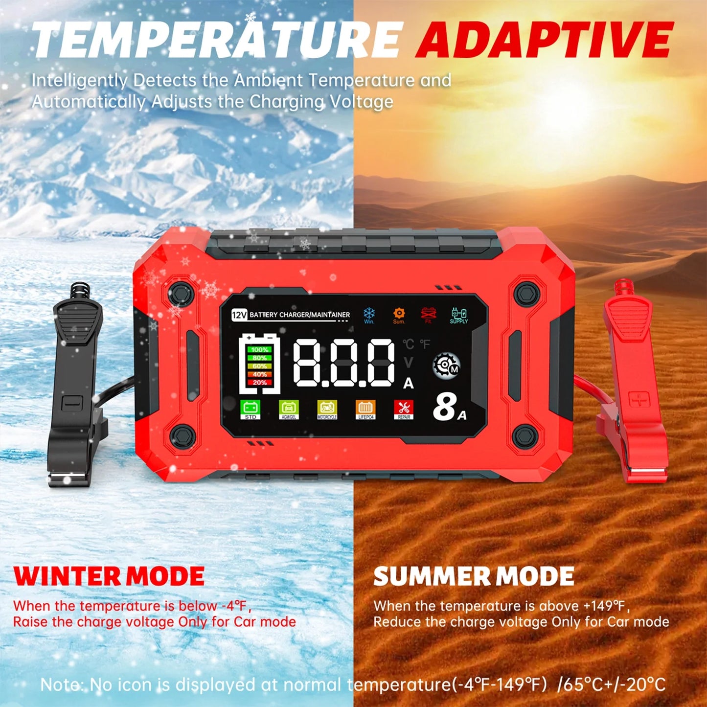 Car Battery Charger, Colorful 12V 8A Smart Battery Trickle Charger Automotive 12V Battery Maintainer Desulfator with Temperature Compensation for Car Truck Motorcycle Lawn Mower Marine