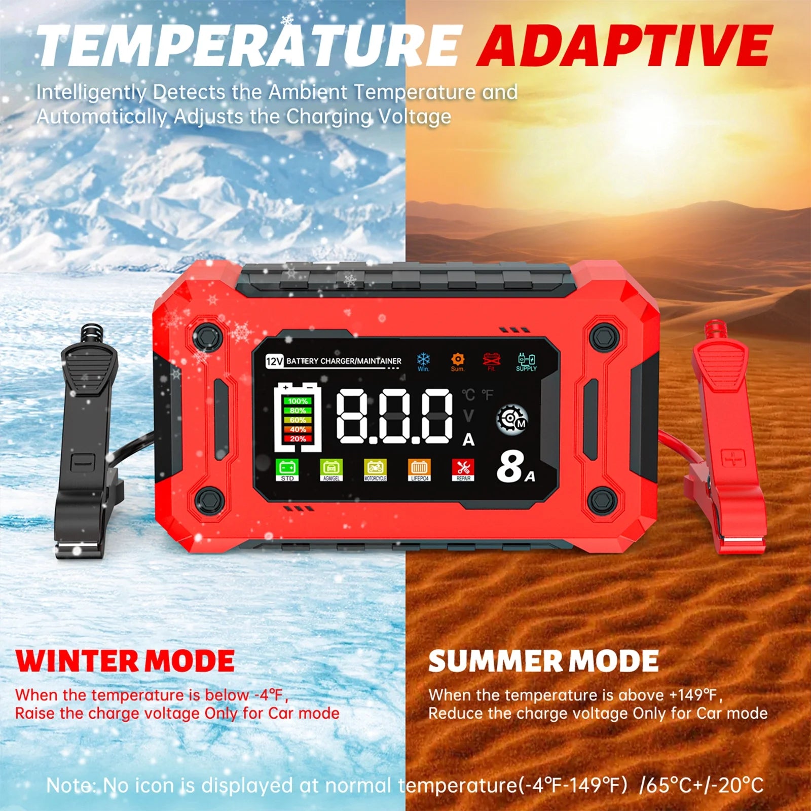 Car Battery Charger, Colorful 12V 8A Smart Battery Trickle Charger Automotive 12V Battery Maintainer Desulfator with Temperature Compensation for Car Truck Motorcycle Lawn Mower Marine
