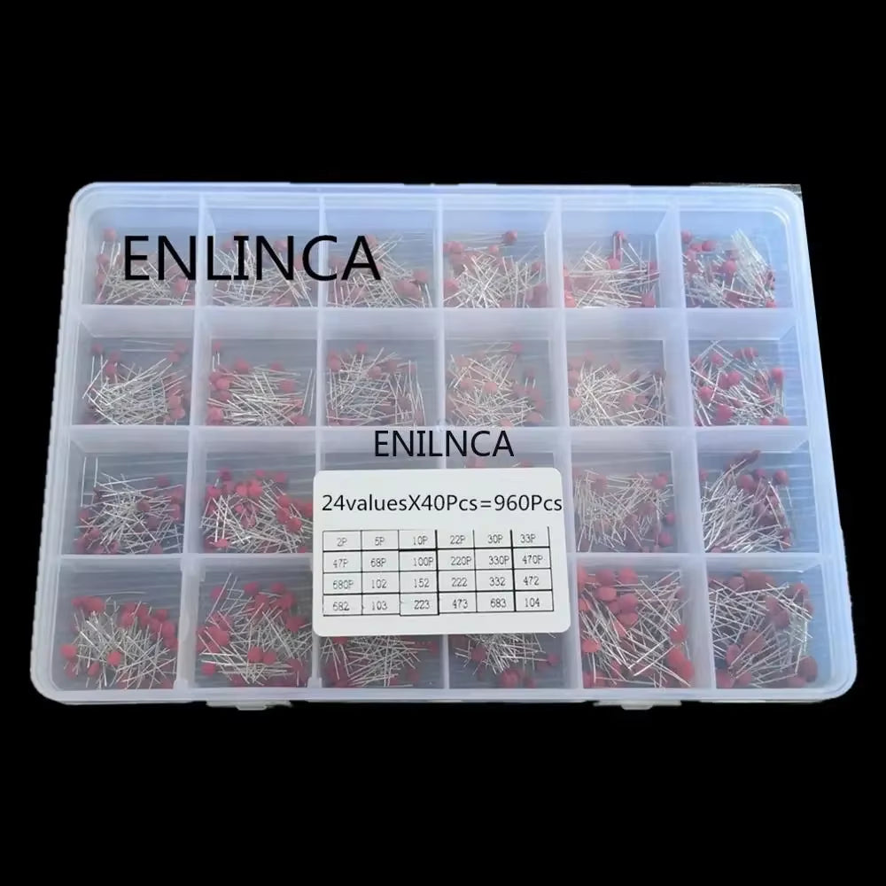 960Pcs/Lot Ceramic Capacitor Assortment Kit 2PF-0.1UF 50V Ceramic Capacitors Set 24Value*40Pcs Diy Electronic Capacitors 20%