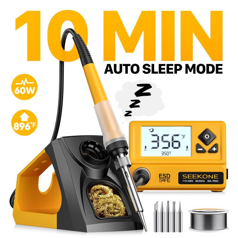 SEEKONE 60W Soldering Station 356°F to 896°F Soldering Iron Station with 5 Extra Iron Tips, ESD Safe, 3 Preset Channels, °C/ºf Conversion, Auto Sleep, Calibration Support & Power-On Memory