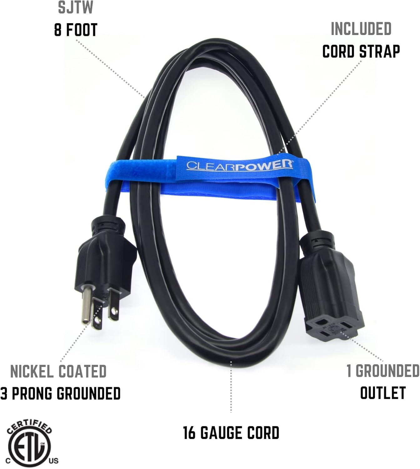 8 Ft Indoor/Outdoor Extension Cord 16/3 SJTW, Black, Water & Weather Resistant, Flame Retardant, 3 Prong Grounded Plug, CP10122