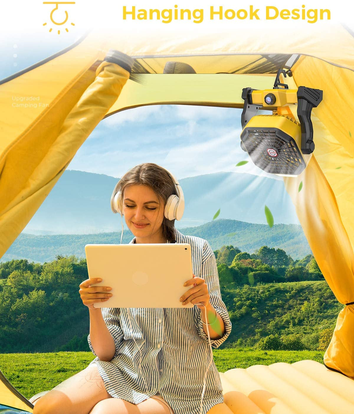 Camping Fan with LED Lantern, 10400 Mah 9 Inch Portable Fan Rechargeable Battery Powered Fan with Stepless Speed and Quiet Battery Operated Tent Fan for Picnic, Barbecue, Fishing, Travel, Home