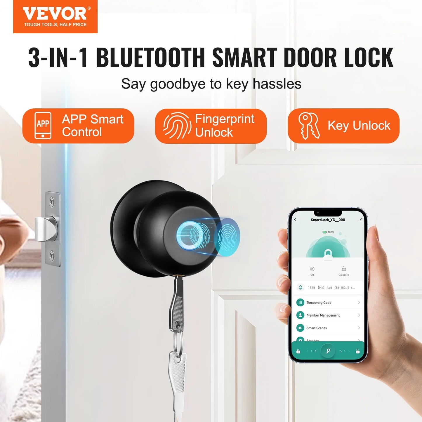 Smart Door Knob, Fingerprint Smart Lock Biometric Door Knob with App Control, Great for Bedrooms,Cloakroom,Apartments Offices,Hotels Matte Black