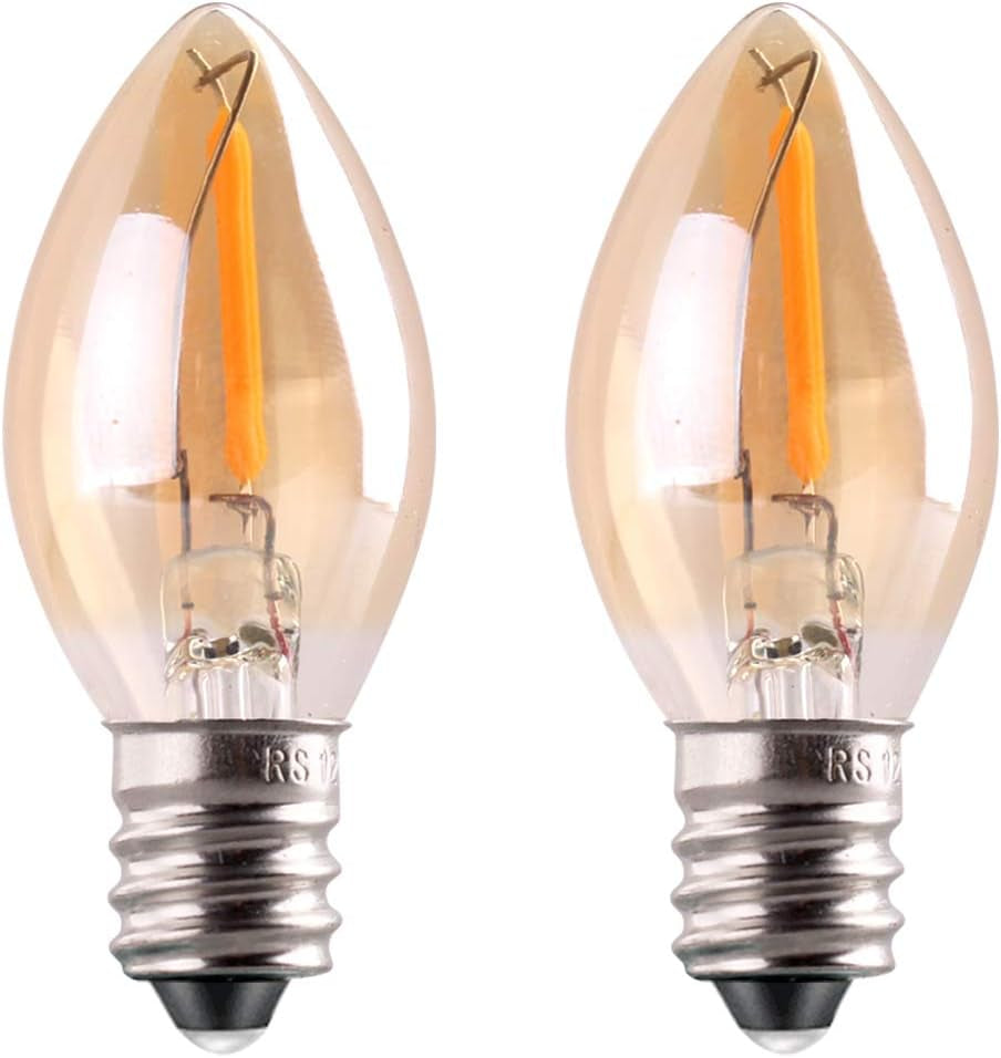 C7 LED Night Light Bulb, Classical Edison Style E12 Candle Base, 0.5 Watts LED Filament Bulb, Sign Light Replacement Bulb, 4W 5W Equivalent, Ultra Warm White 2200K Amber Glass, 50Lm, Pack of 2