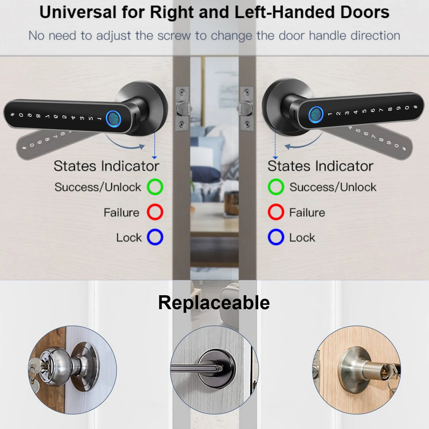 Smart Fingerprint Door Lock: Fingerprint Door Knob, Biometric 4-In-1 Finger Print Door Lock, Thumb Print Door Knob for Bedroom Home Hotel Office Apartment