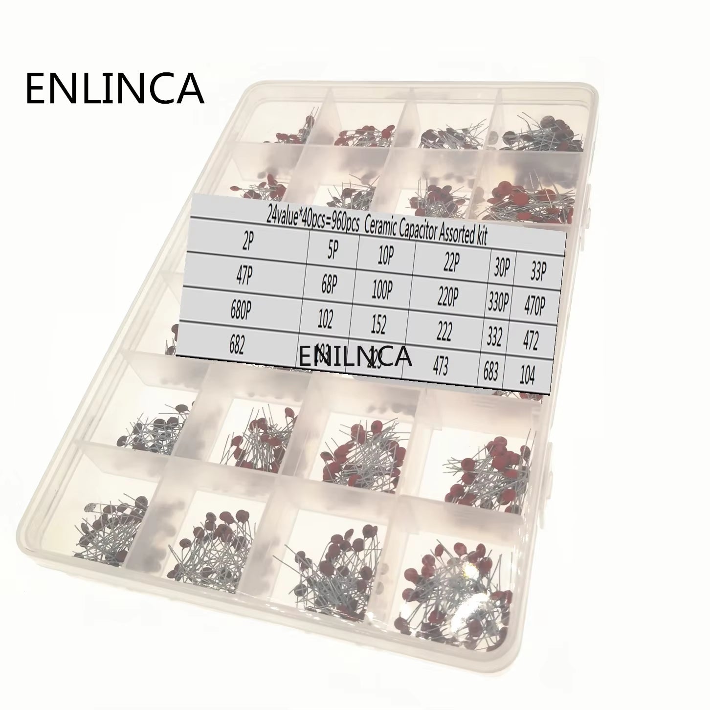 960Pcs/Lot Ceramic Capacitor Assortment Kit 2PF-0.1UF 50V Ceramic Capacitors Set 24Value*40Pcs Diy Electronic Capacitors 20%