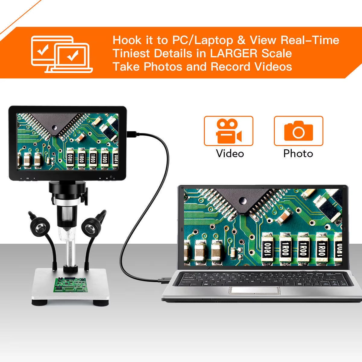 1200X Digital Microscope 1080P LCD, Video Soldering Camera for Electronics/Coin Inspection, HDMI Output with Stand for PC