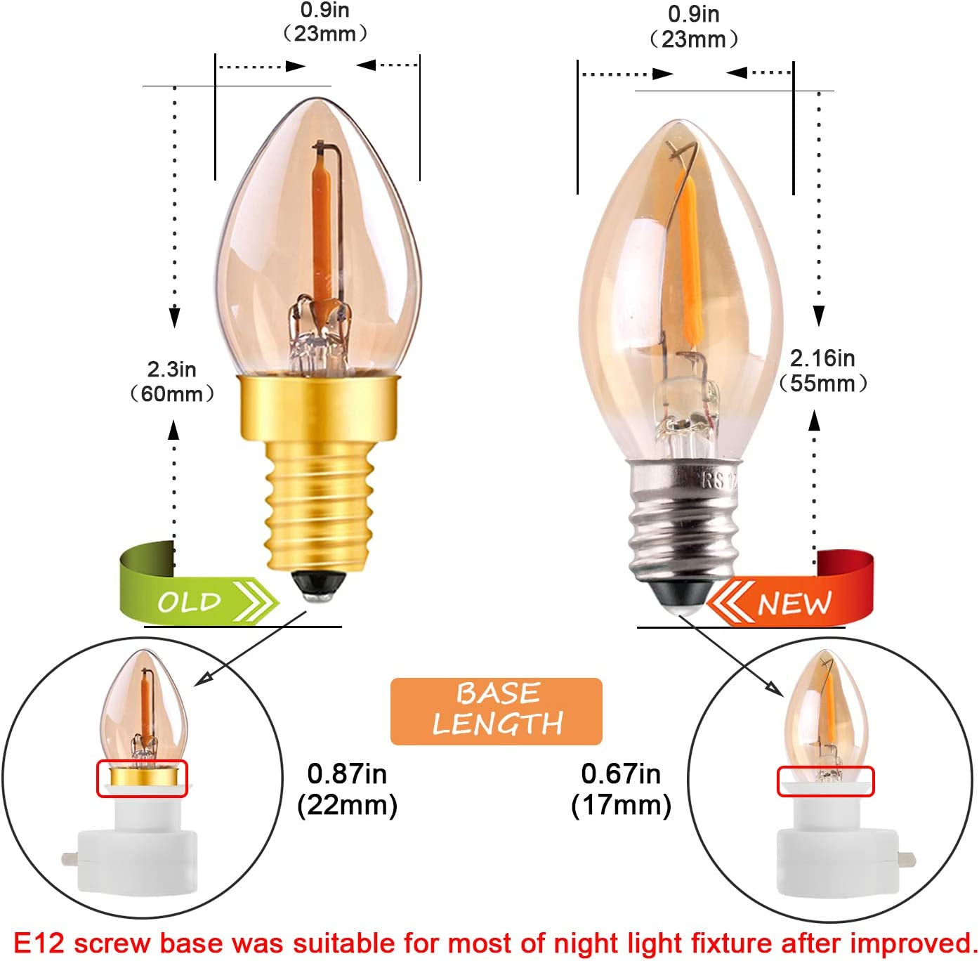C7 LED Night Light Bulb, Classical Edison Style E12 Candle Base, 0.5 Watts LED Filament Bulb, Sign Light Replacement Bulb, 4W 5W Equivalent, Ultra Warm White 2200K Amber Glass, 50Lm, Pack of 2