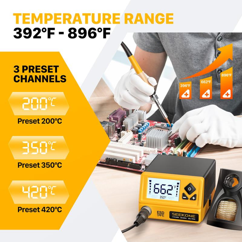 SEEKONE 60W Soldering Station 356°F to 896°F Soldering Iron Station with 5 Extra Iron Tips, ESD Safe, 3 Preset Channels, °C/ºf Conversion, Auto Sleep, Calibration Support & Power-On Memory