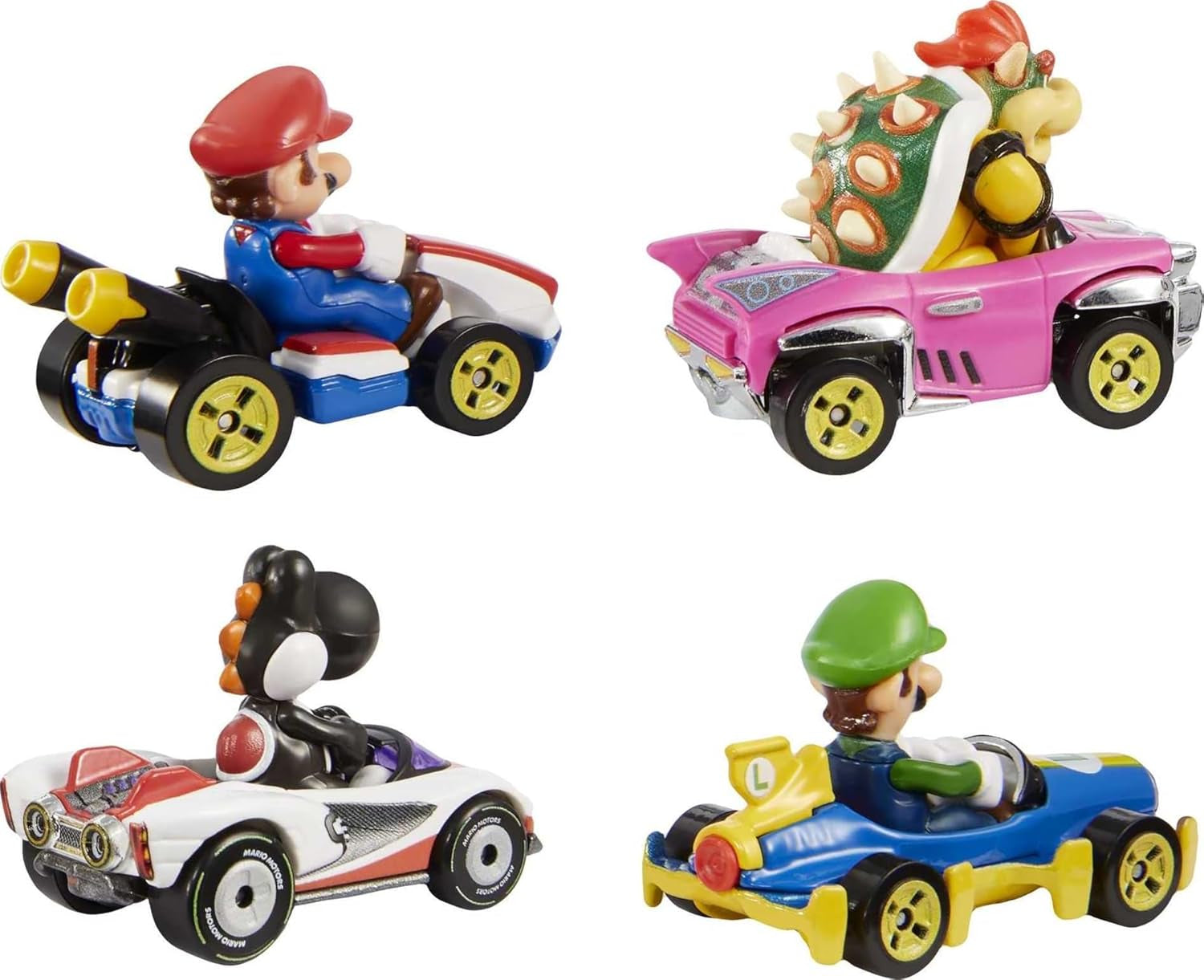 Mario Kart Set of 4 Die-Cast Toy Cars with Attached Character Drivers, Includes Black Yoshi (Amazon Exclusive)