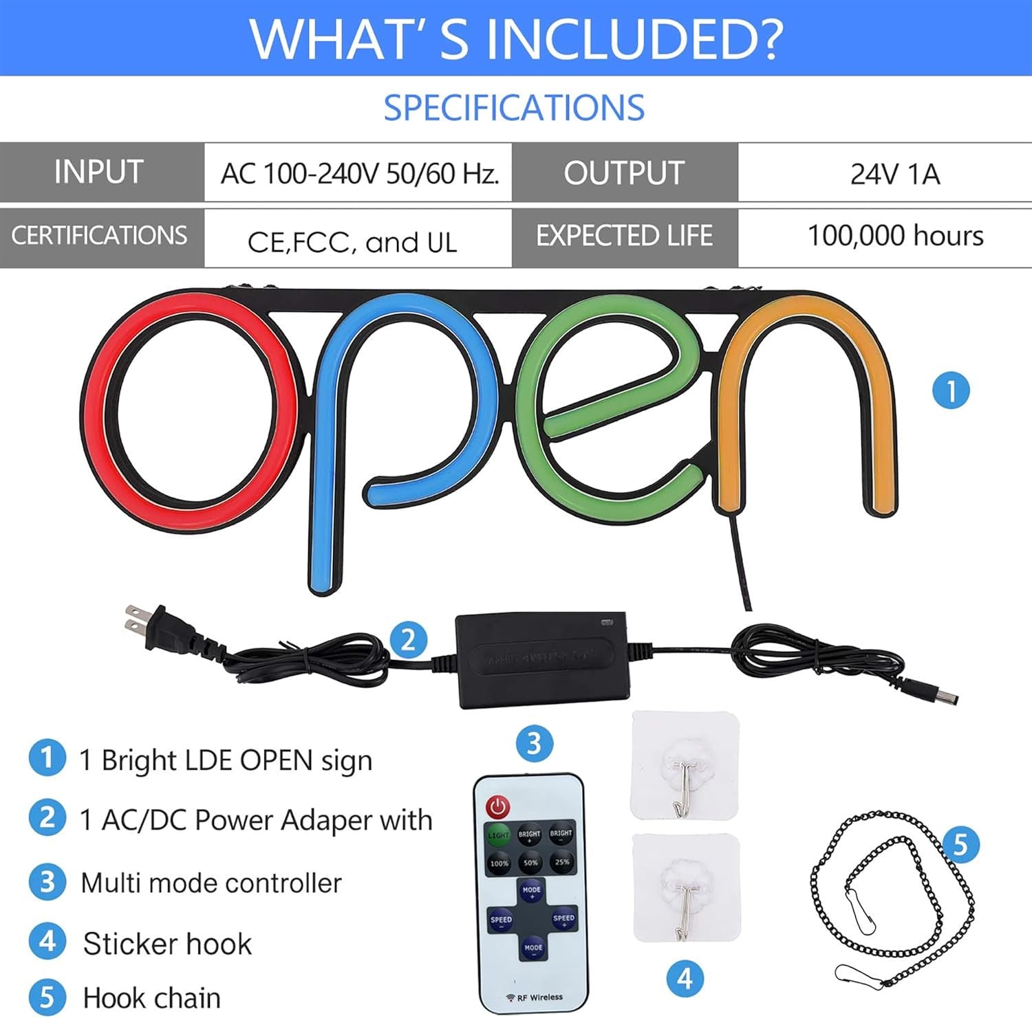 LED Open Sign,16X6 Inch Open Signs for Business Window,With Multiple Flashing Modes, Ideal for Restaurant, Bar, Salon and More,24V/1A Power Supply，With Open/Close Sign (Red Blue Green Orange)