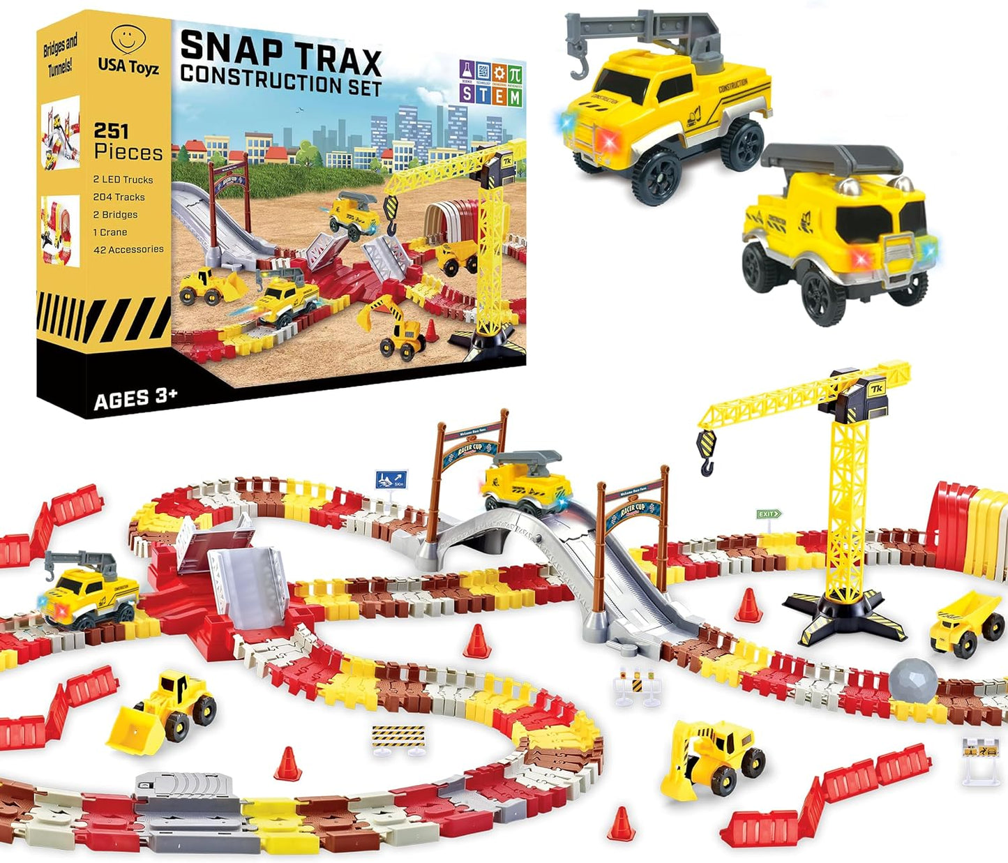 Snap Trax Construction Set Race Tracks and LED Toy Cars - 251 Pk STEM Building Toys Car Race Tracks Set with Bendable Race Car Track for Boys Girls, 3 Trucks, and 2 Light up Toy Cars for Kids
