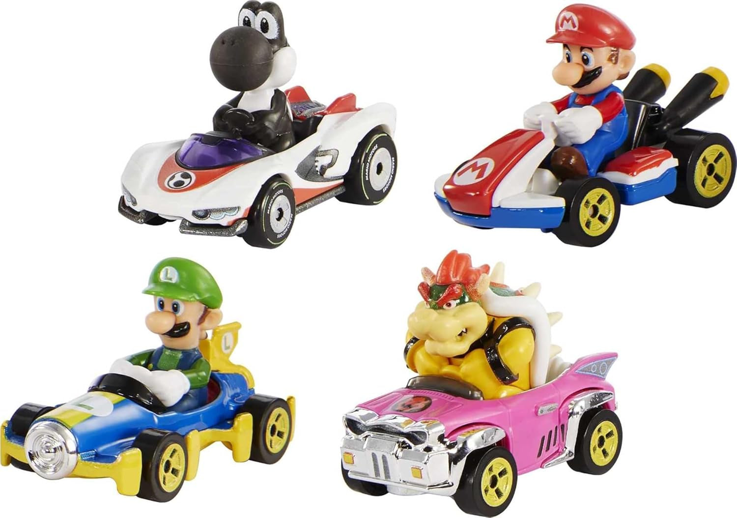 Mario Kart Set of 4 Die-Cast Toy Cars with Attached Character Drivers, Includes Black Yoshi (Amazon Exclusive)