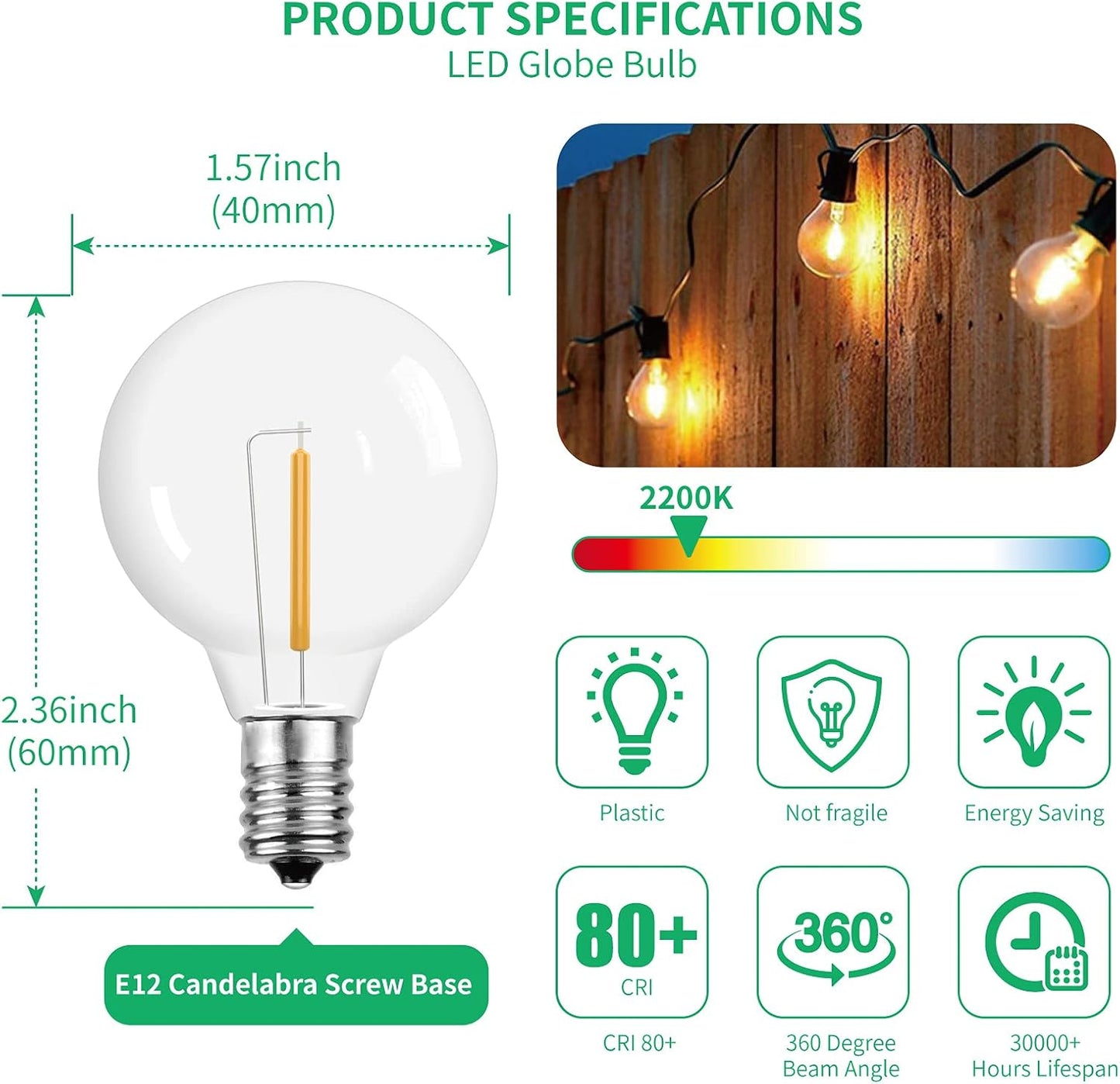 G40 Led Replacement Light Bulbs, E12 Screw Base Shatterproof Globe Bulbs for Outdoor String Lights, 1Watt Equvalent to 5 Watt Incandescent Bulbs,Warm White, 25Pack