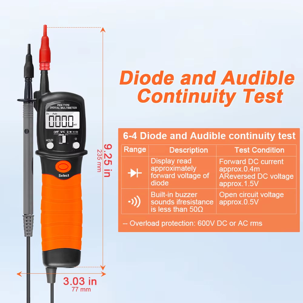Portable Handheld Pen Multimeter, Measures Resistance, AC Voltage, DC Voltage & Diodes, BT-38B with Buzzer Alarm Function Remind