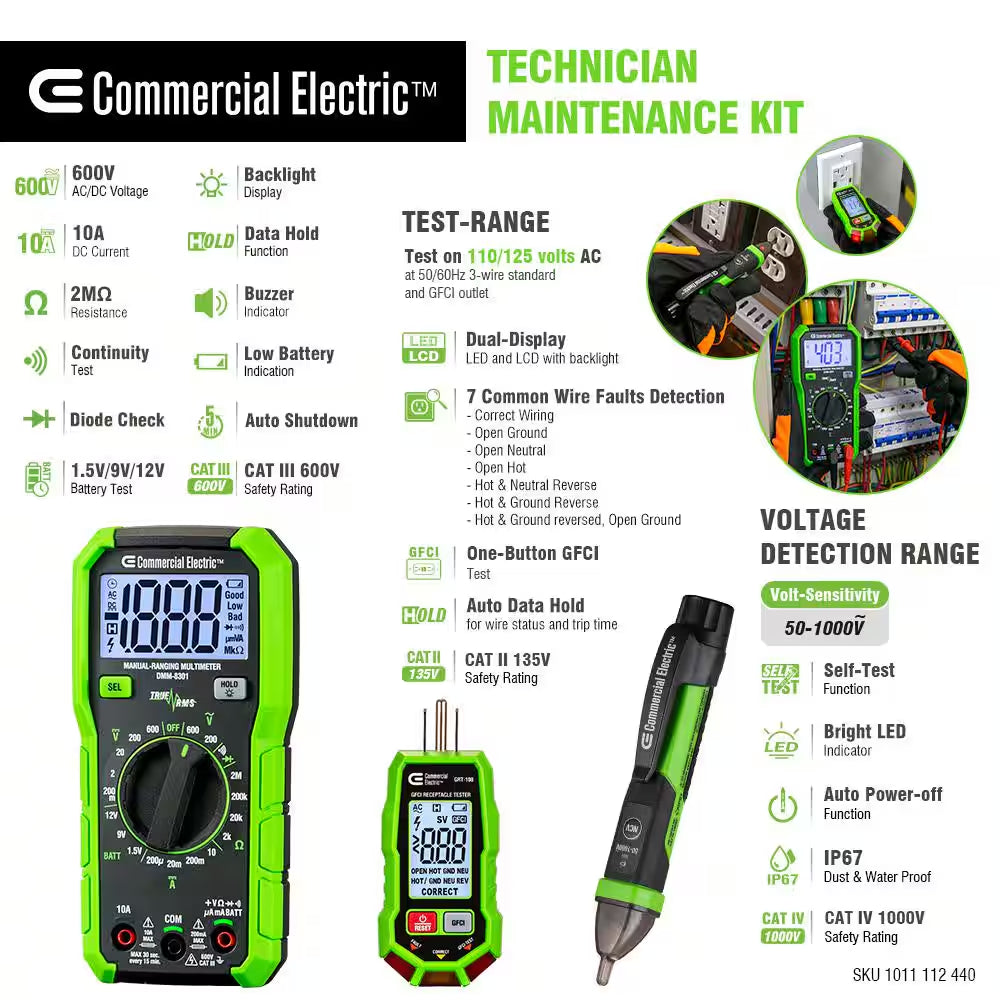 Technician Maintenance Kit with Digital Multimeter, Voltage Tester and GFCI Socket Tester