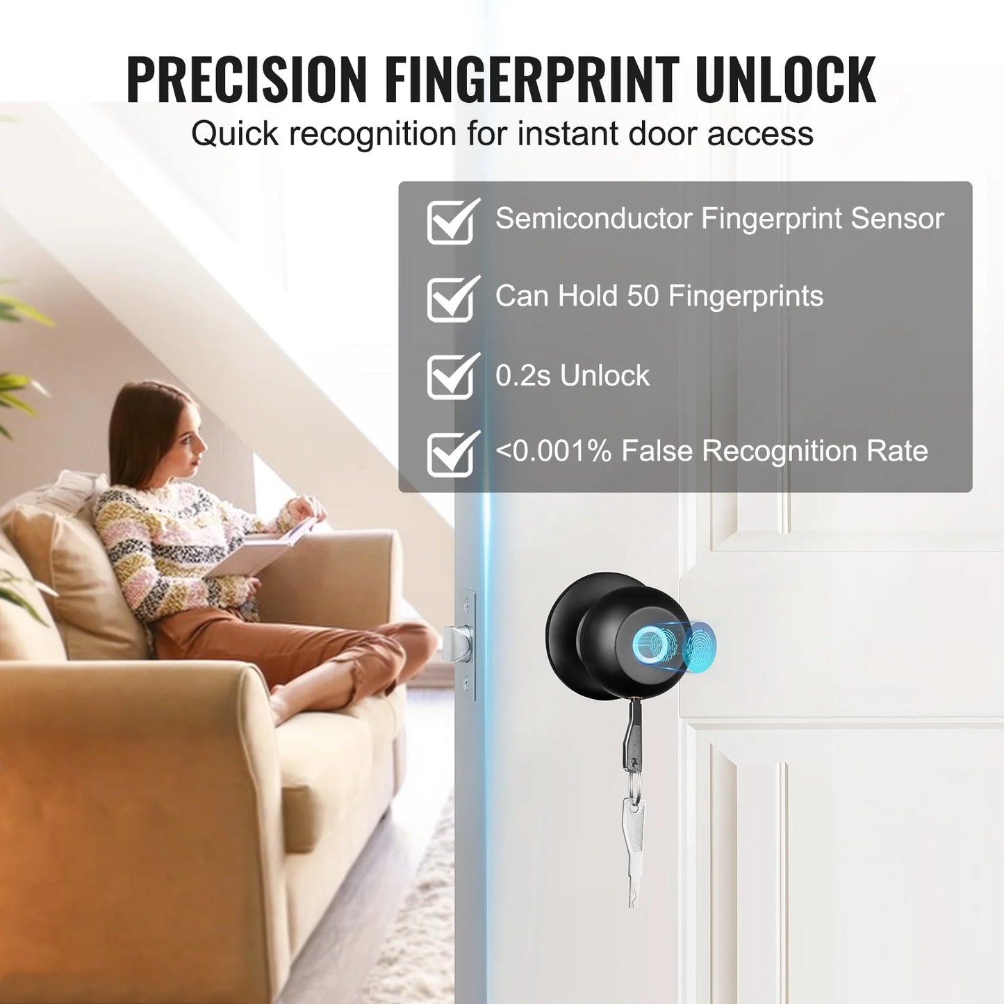 Smart Door Knob, Fingerprint Smart Lock Biometric Door Knob with App Control, Great for Bedrooms,Cloakroom,Apartments Offices,Hotels Matte Black