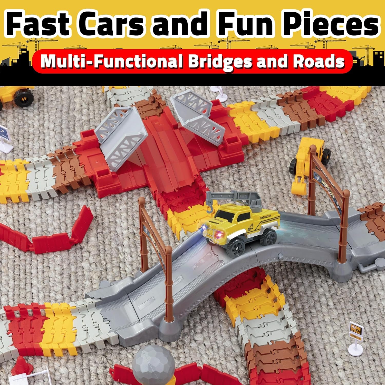 Snap Trax Construction Set Race Tracks and LED Toy Cars - 251 Pk STEM Building Toys Car Race Tracks Set with Bendable Race Car Track for Boys Girls, 3 Trucks, and 2 Light up Toy Cars for Kids