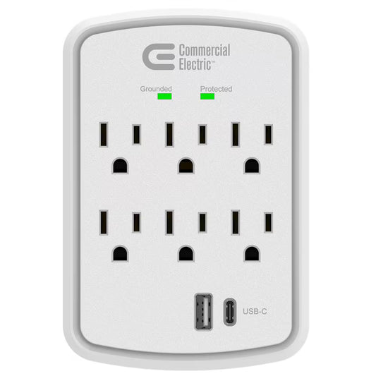 6-Outlet Wall Mounted Surge Protector with 1 USB-A and 1 USB-C, White