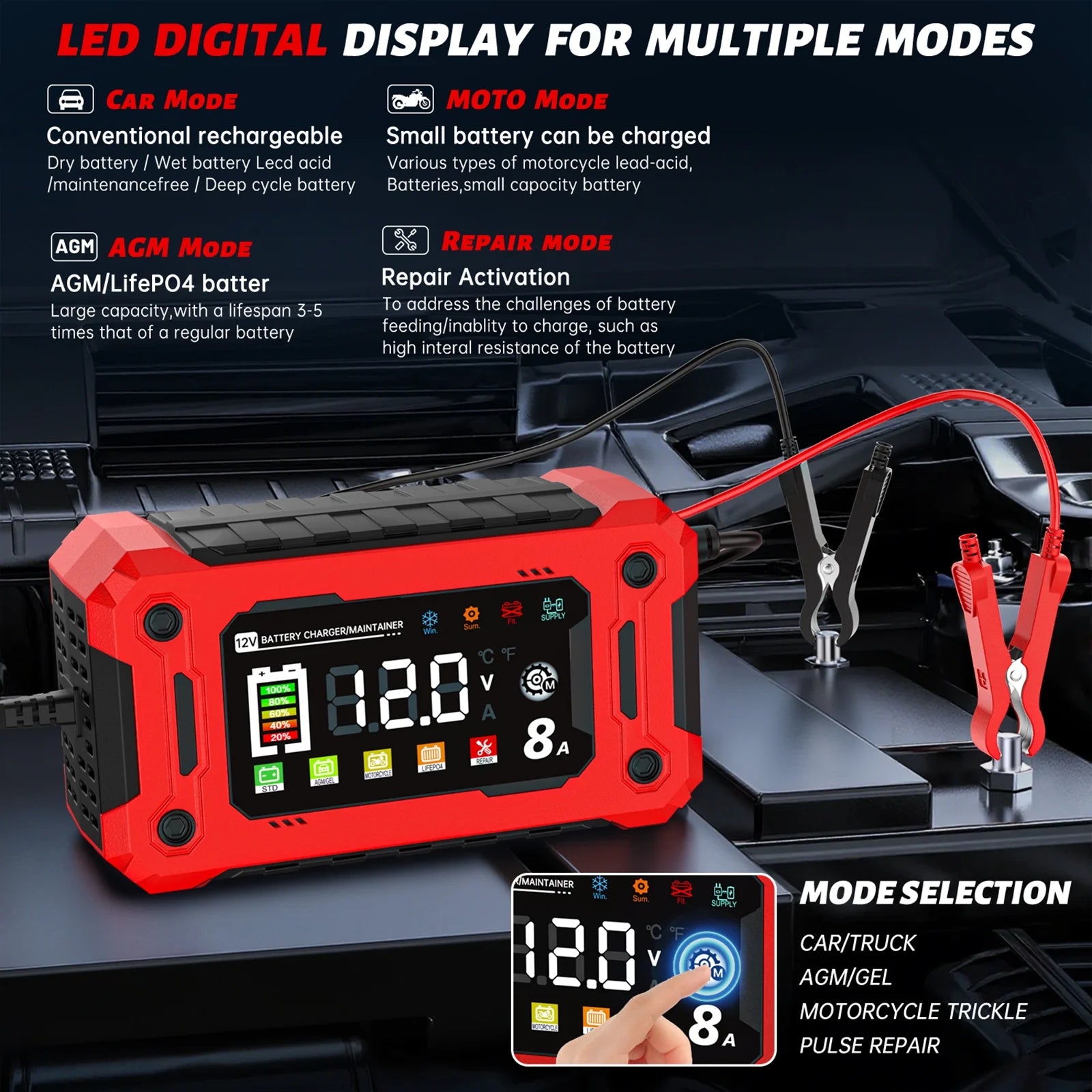 Car Battery Charger, Colorful 12V 8A Smart Battery Trickle Charger Automotive 12V Battery Maintainer Desulfator with Temperature Compensation for Car Truck Motorcycle Lawn Mower Marine