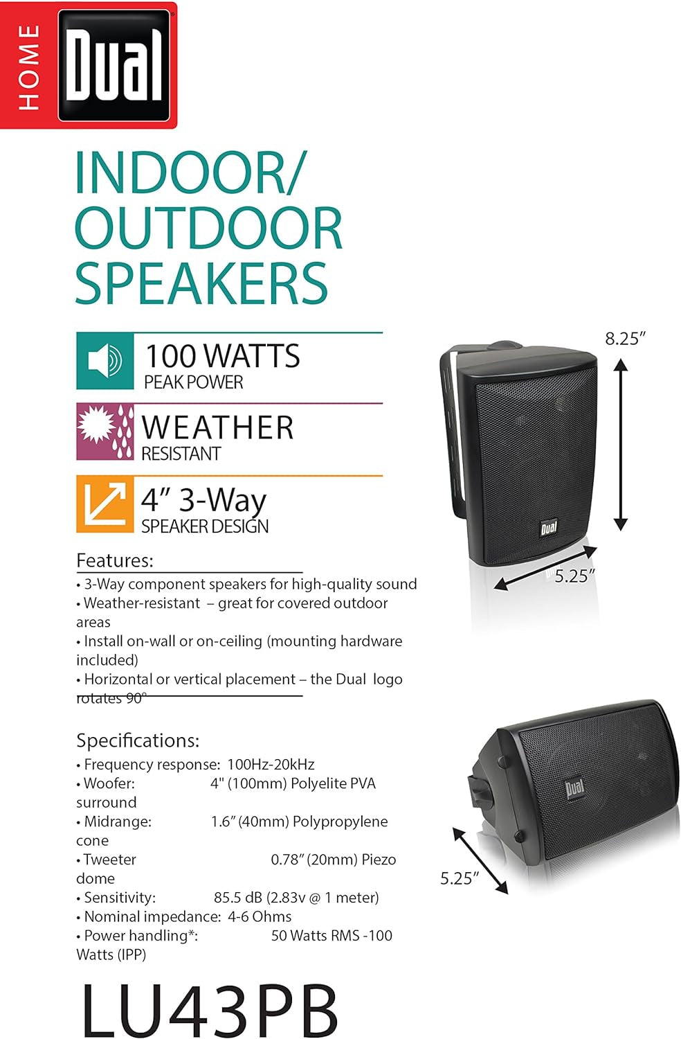 LU43PB 3-Way High Performance Outdoor Indoor Speakers with Powerful Bass &  DBTMA100 Micro Wireless Bluetooth 2 Channel Stereo Class-D Amplifier