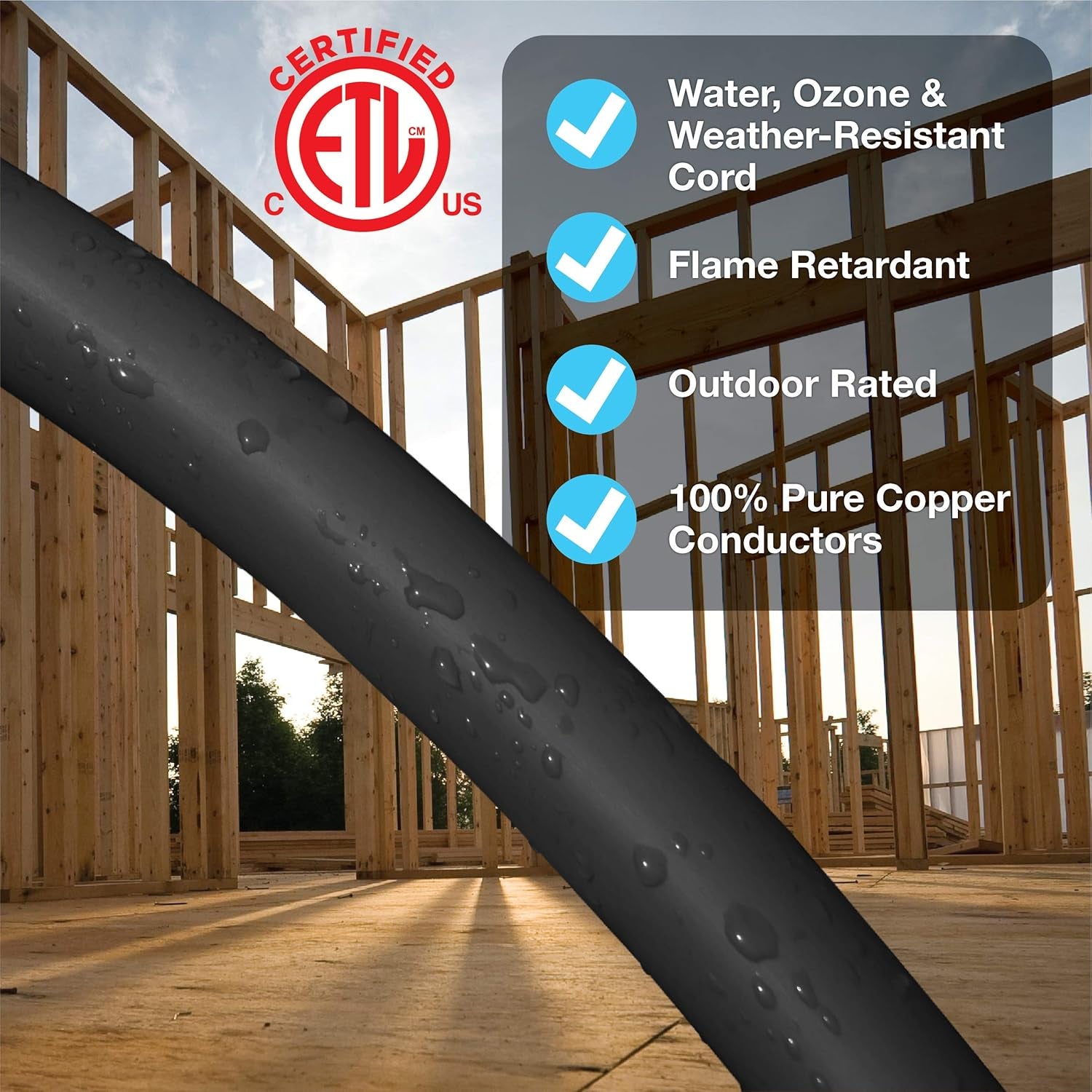 8 Ft Indoor/Outdoor Extension Cord 16/3 SJTW, Black, Water & Weather Resistant, Flame Retardant, 3 Prong Grounded Plug, CP10122