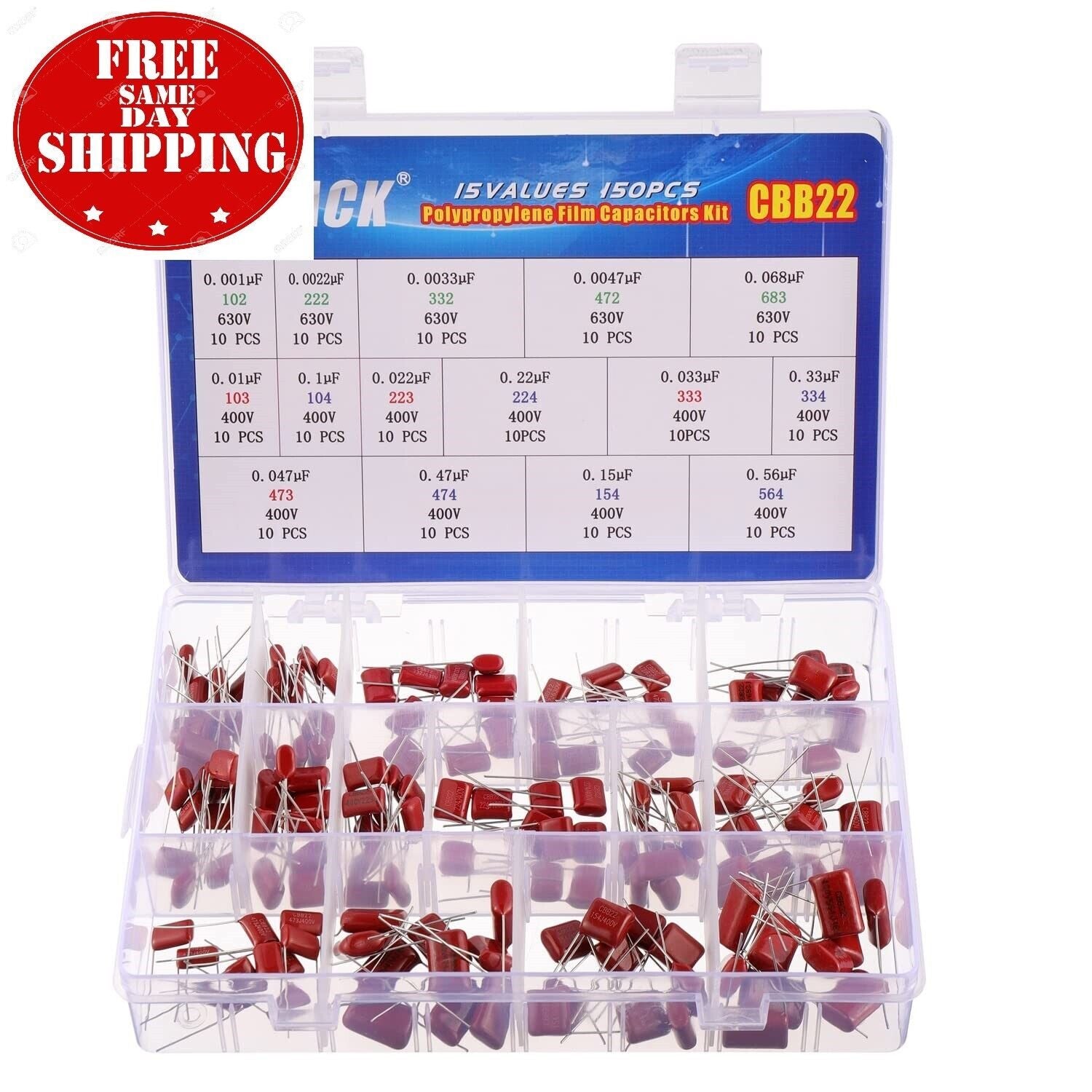 15 Values 150 Pcs Metallized Polypropylene Film DC Capacitor 400V/0.01Uf ~ 0.56U